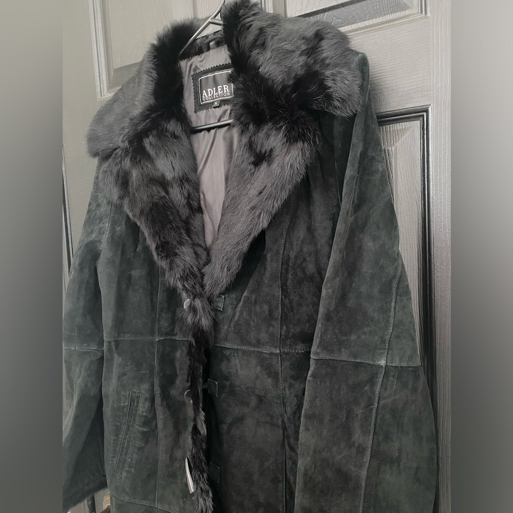 New Black Leather & Rabbit Fur Trim Coat